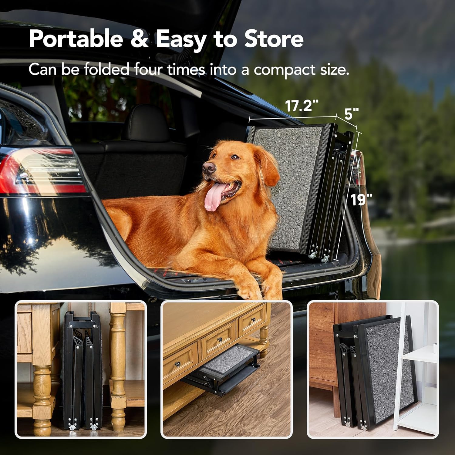 PetThem Dog Ramp for Car, Portable Dog Ramps for Large Dogs with Non-Slip Rug Surface Dog Car Ramp for SUV Car & Truck