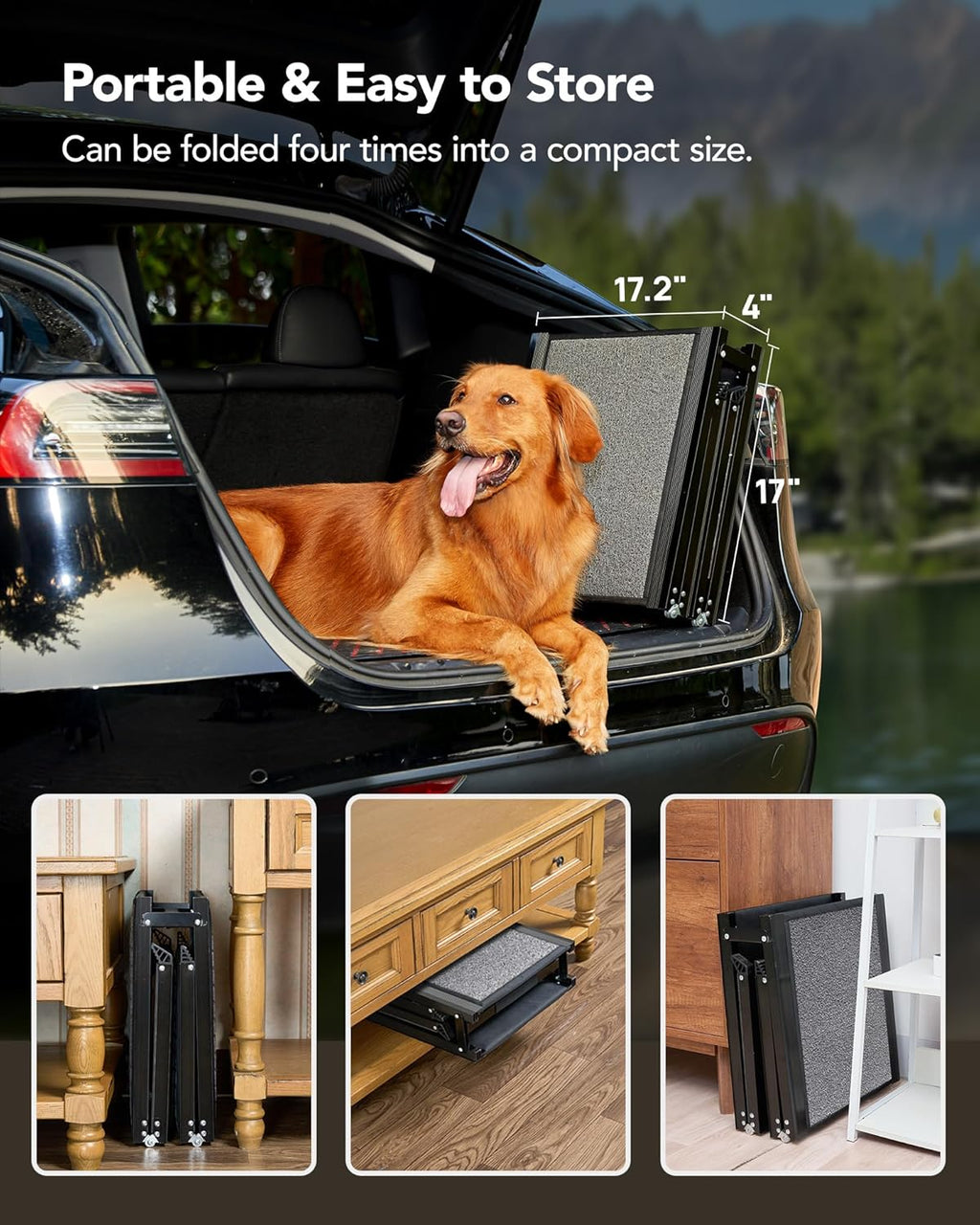 PetThem Dog Ramp for Car, Portable Dog Ramps for Large Dogs with Non-Slip Rug Surface Dog Car Ramp for SUV Car & Truck