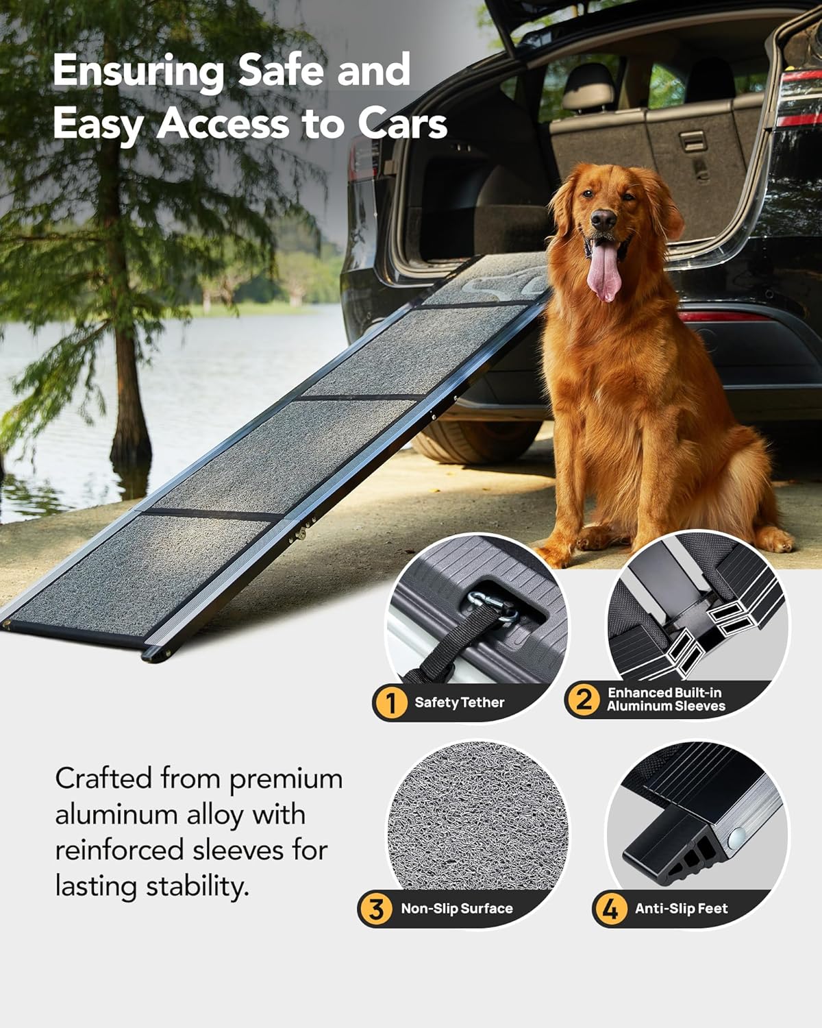PetThem Dog Ramp for Car, Portable Dog Ramps for Large Dogs with Non-Slip Rug Surface Dog Car Ramp for SUV Car & Truck