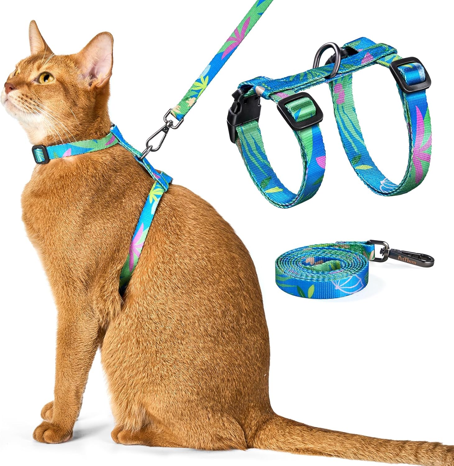 PetThem Cat Harness and Leash Set - Escape Proof Adjustable Cat Harness, Walking Travel Kitten Harness for Small Medium Large Cats
