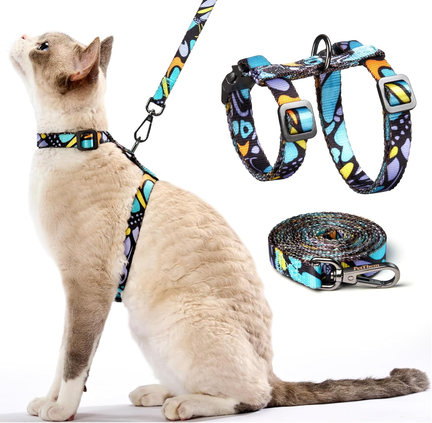 PetThem Cat Harness and Leash Set - Escape Proof Adjustable Cat Harness, Walking Travel Kitten Harness for Small Medium Large Cats