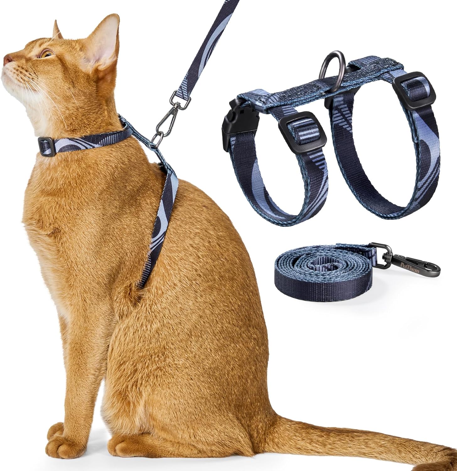 PetThem Cat Harness and Leash Set - Escape Proof Adjustable Cat Harness, Walking Travel Kitten Harness for Small Medium Large Cats