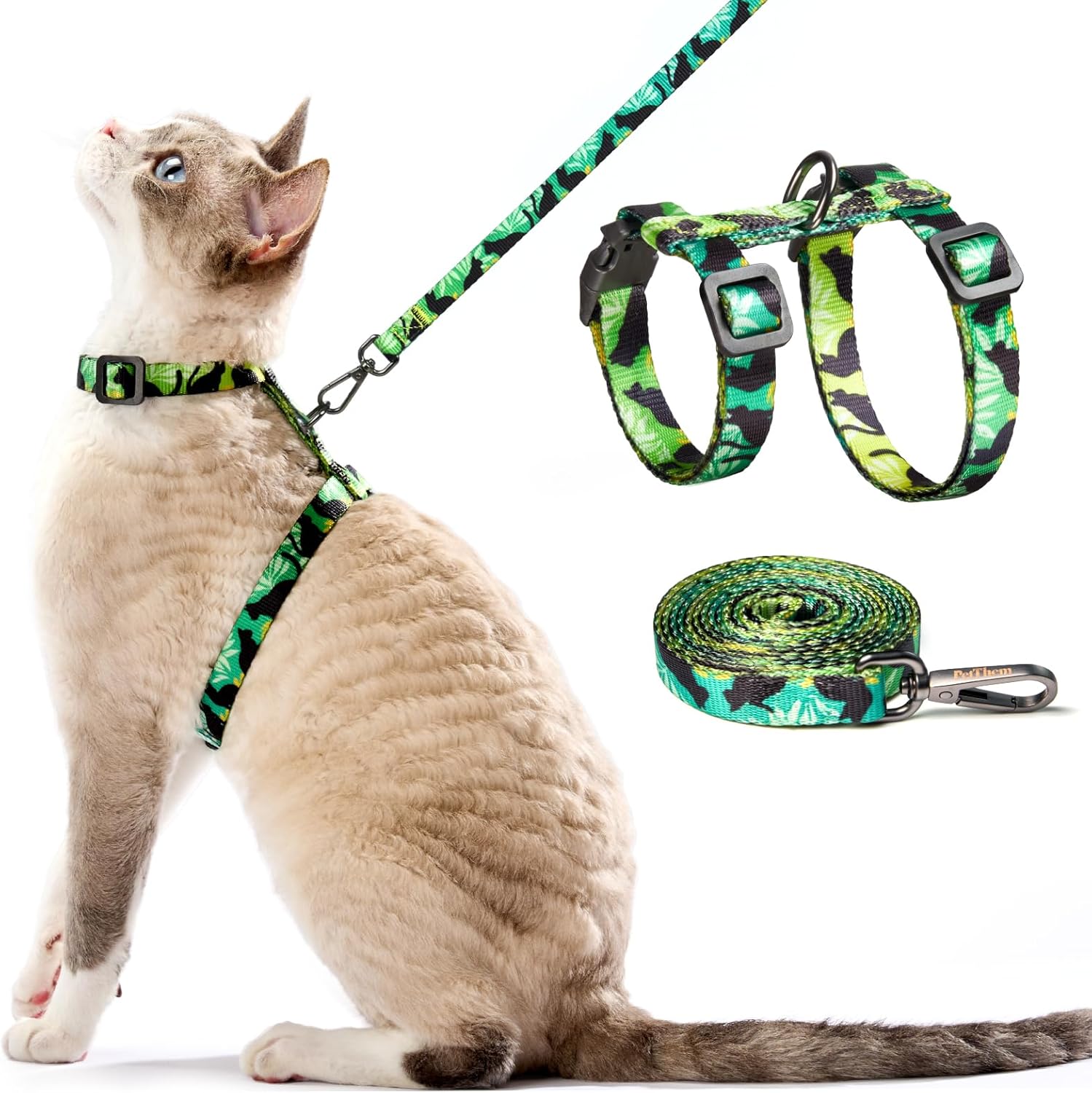PetThem Cat Harness and Leash Set - Escape Proof Adjustable Cat Harness, Walking Travel Kitten Harness for Small Medium Large Cats