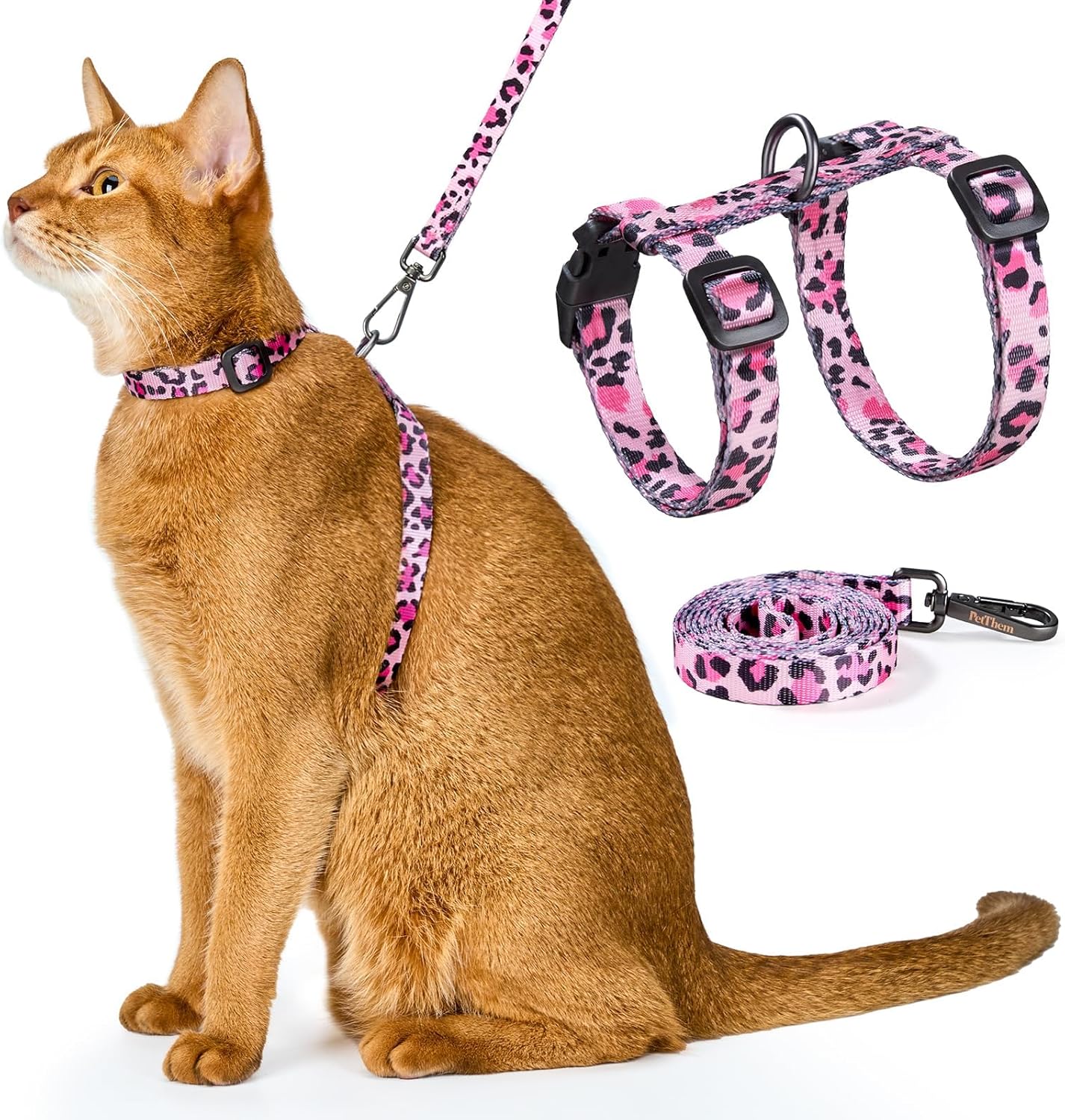 PetThem Cat Harness and Leash Set - Escape Proof Adjustable Cat Harness, Walking Travel Kitten Harness for Small Medium Large Cats