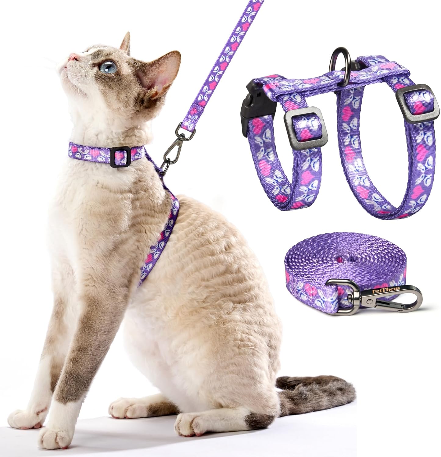 PetThem Cat Harness and Leash Set - Escape Proof Adjustable Cat Harness, Walking Travel Kitten Harness for Small Medium Large Cats