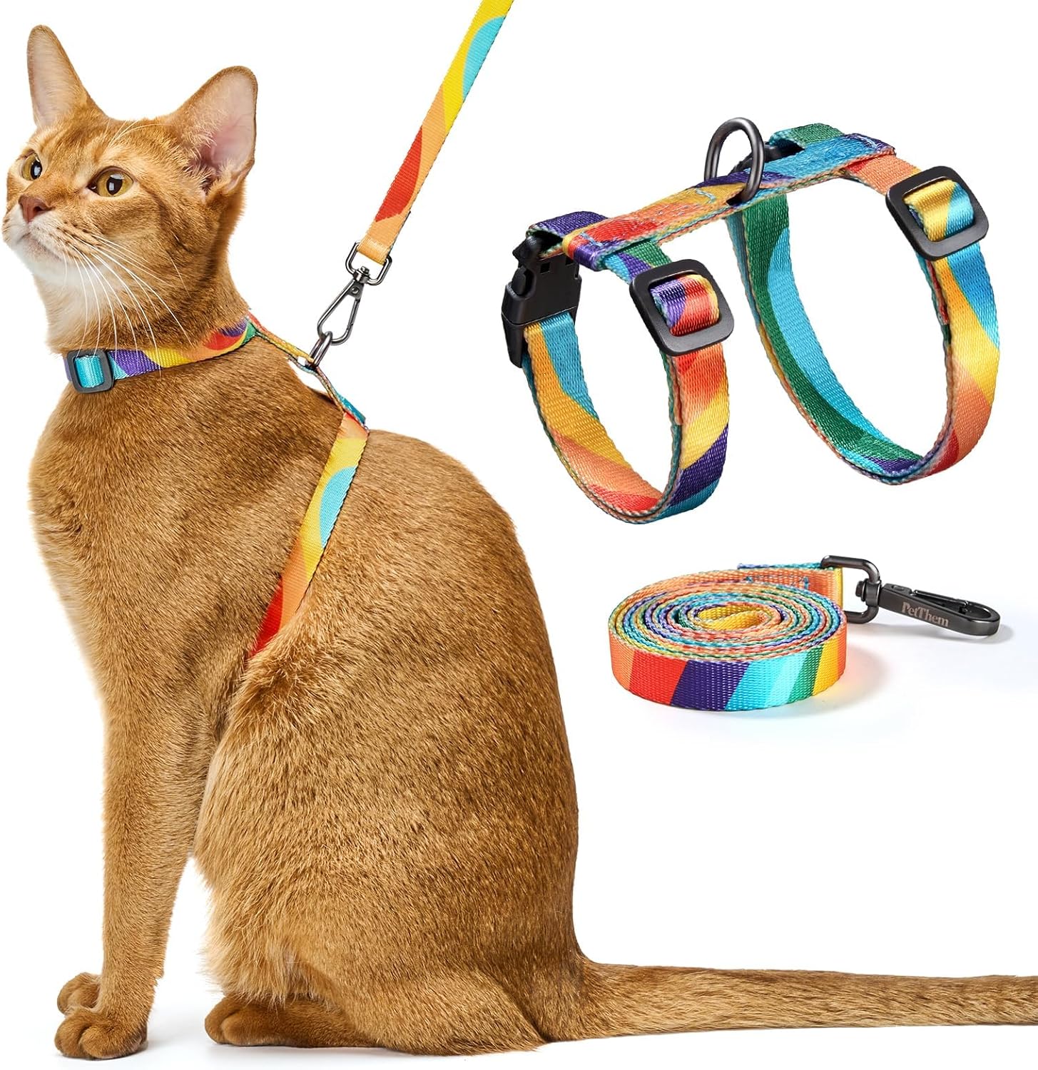 PetThem Cat Harness and Leash Set - Escape Proof Adjustable Cat Harness, Walking Travel Kitten Harness for Small Medium Large Cats